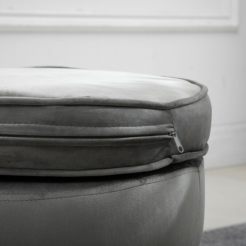 Modern Grey Velvet Footstool Ottoman Stool Round Metal Legs Living Room Office
