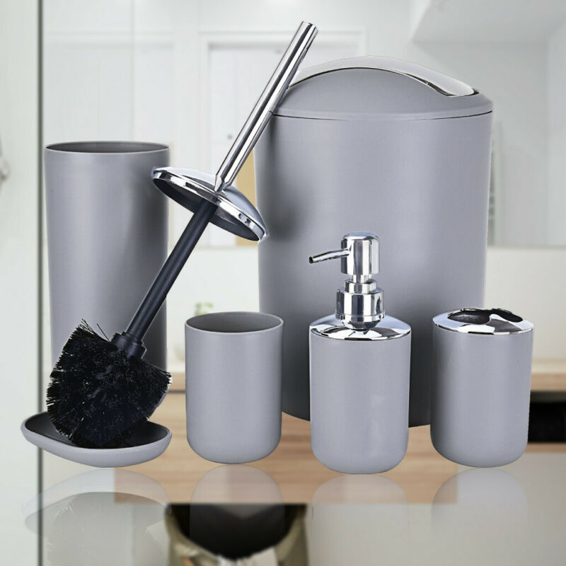 6pcs Bathroom Accessories Set Bin Soap Dispenser Toothbrush Tumbler Toilet Brush
