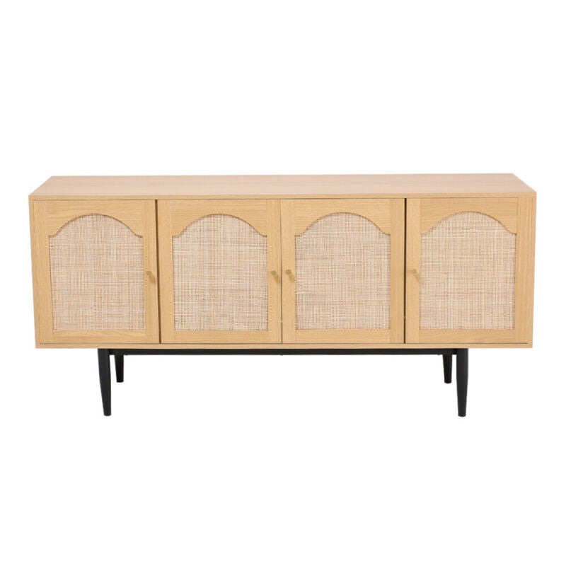 160CM Light Wood Effect Rattan Sideboard Large 4 Door 8 Cubbies Storage Cabinet