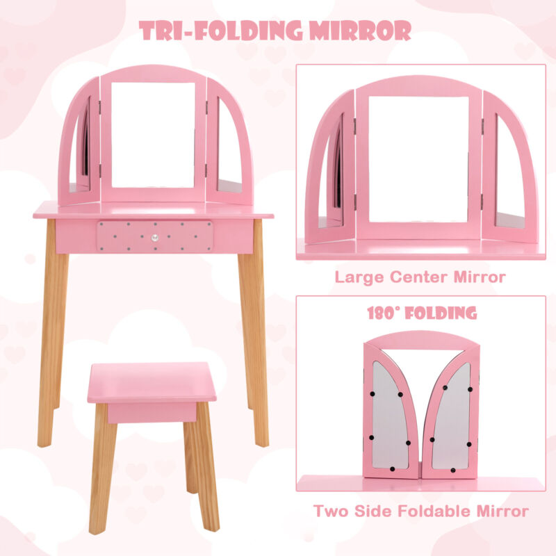 Kids Dressing Table and Stool Set Girls Vanity Table with Tri-Folding Mirror