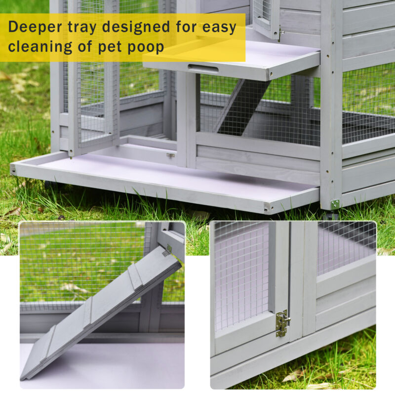 Wooden Rabbit Hutch Guinea Pig Hutches w/ Run Open Roof Small Animal Cage Grey