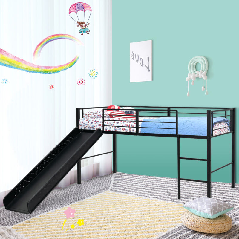 Sliding Loft Children Single Bed Mid Sleeper Steel Bed Frame W/Safety Guardrails