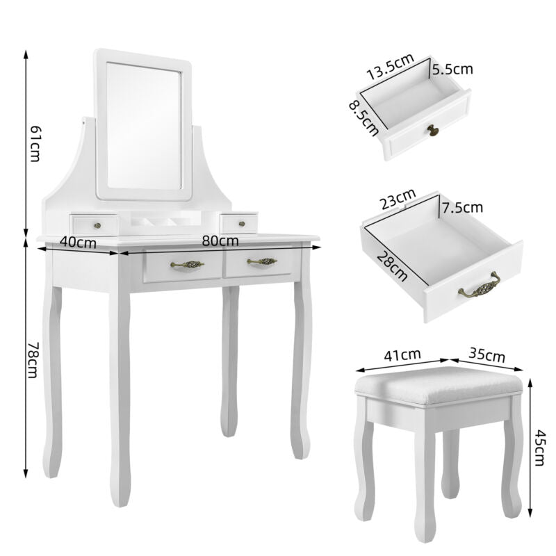 LED Dressing Table Vanity Makeup Desk Rotatable Mirror w/4 Drawers & S
