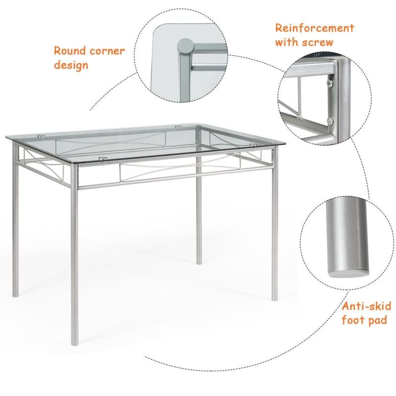 5PCS Dining Table & Chair Set Breakfast Bar Kitchen Furniture with Glass Desktop