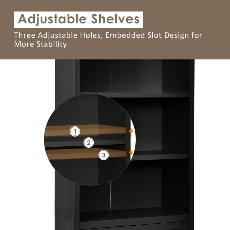 Wooden Tall Bookcase 3-Tier Shelving Storage Cabinet 2 Doors Display Organizer