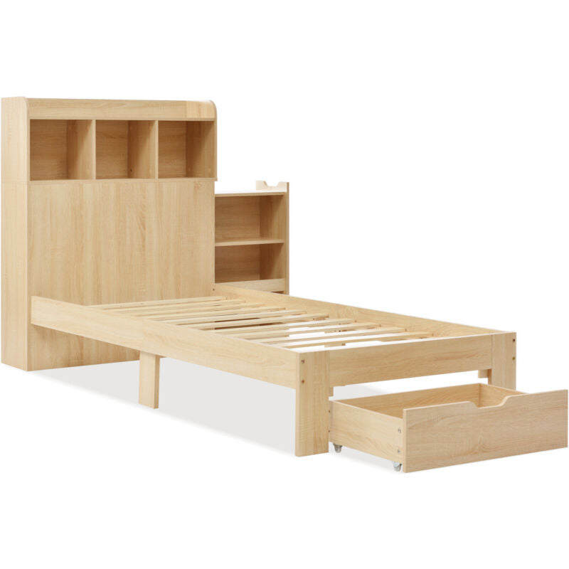 3ft Single Wooden Solid White Pine Kids Storage Bed Frame w/ Drawer and Shelves