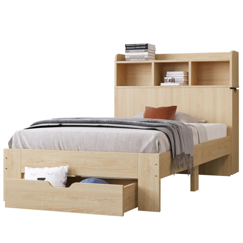 3ft Single Wooden Solid White Pine Kids Storage Bed Frame w/ Drawer and Shelves