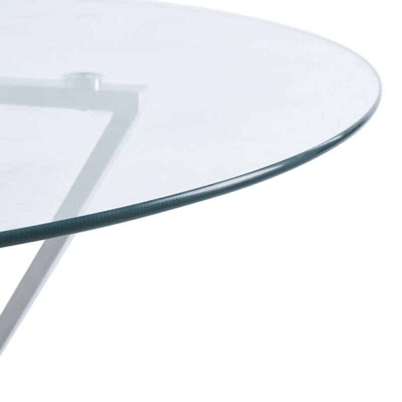 120cm Clear Glass Round Dining Table 2 4 6 Faux Leather Chair Chrome Legs Lounge