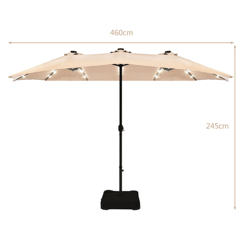 4.6m Double-Sided Parasol with Base Solar LED Lights and Crank Handle Outdoor