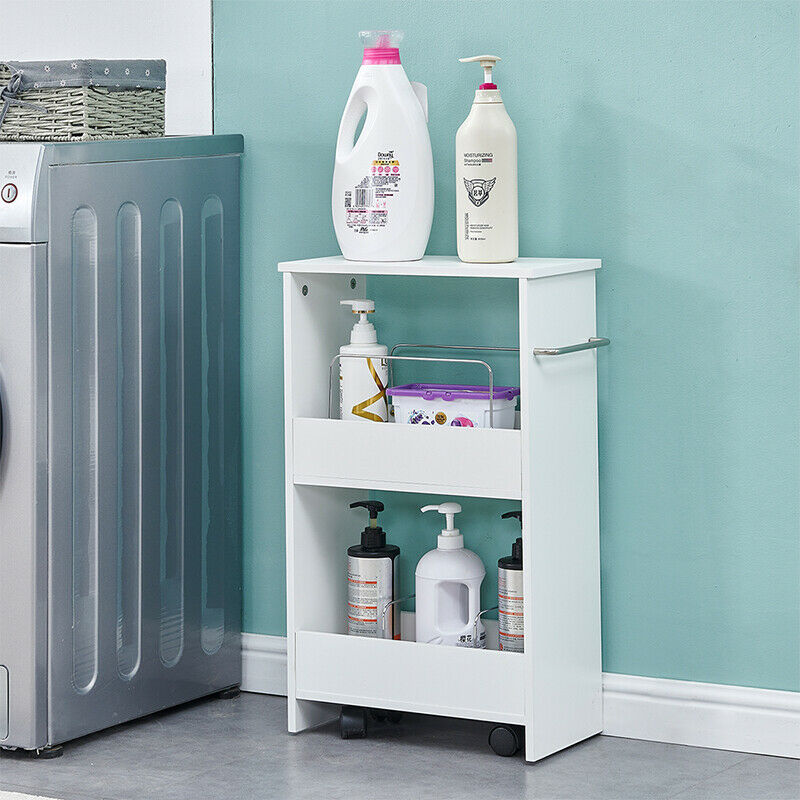 Bathroom Toilet Slim Floor Cabinet Narrow Storage Trolley Cart Rack Holder White