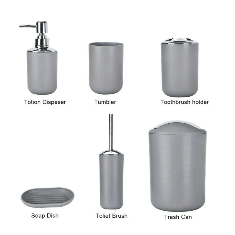 6pcs Bathroom Accessories Set Bin Soap Dispenser Toothbrush Tumbler Toilet Brush