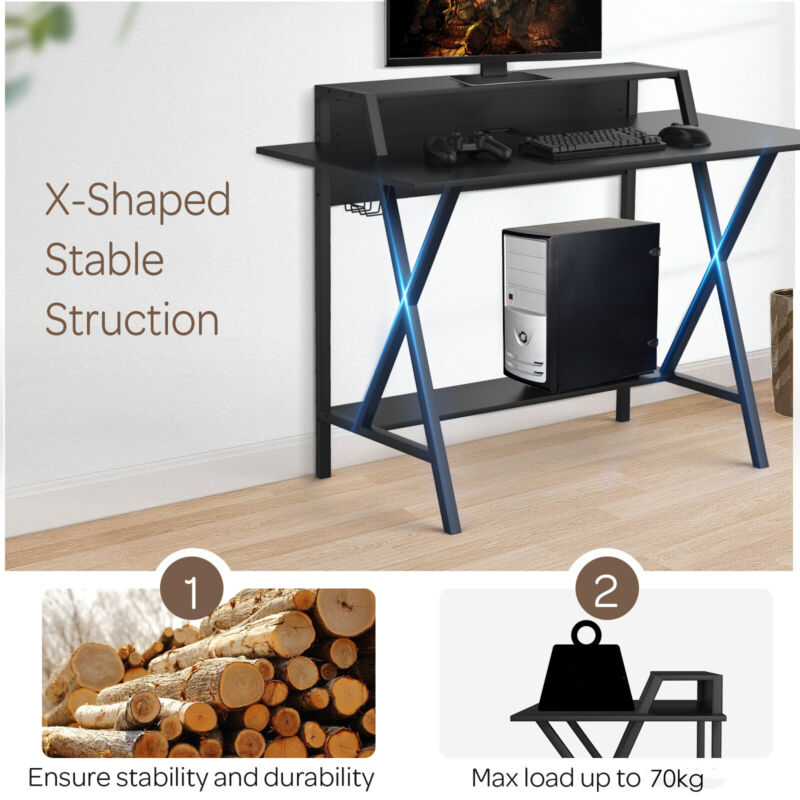 X- Shaped Gaming Computer Desk Ergonomic Workstation with Extra Monitor Riser