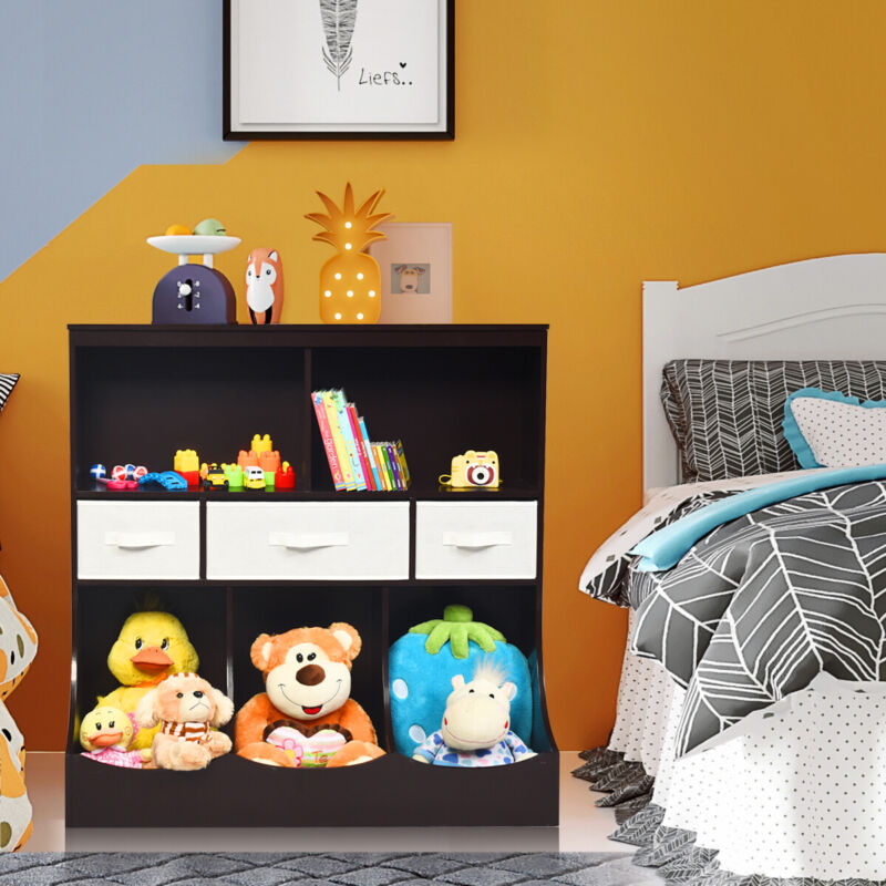 Wooden Toy Storage Cabinet Children 3-Tier Organizer Bookcase W/ 8 Open Cubes