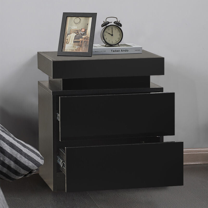 2/3 Drawers High Gloss Front Bedside Table Cabinet LED Nightstand Black/White