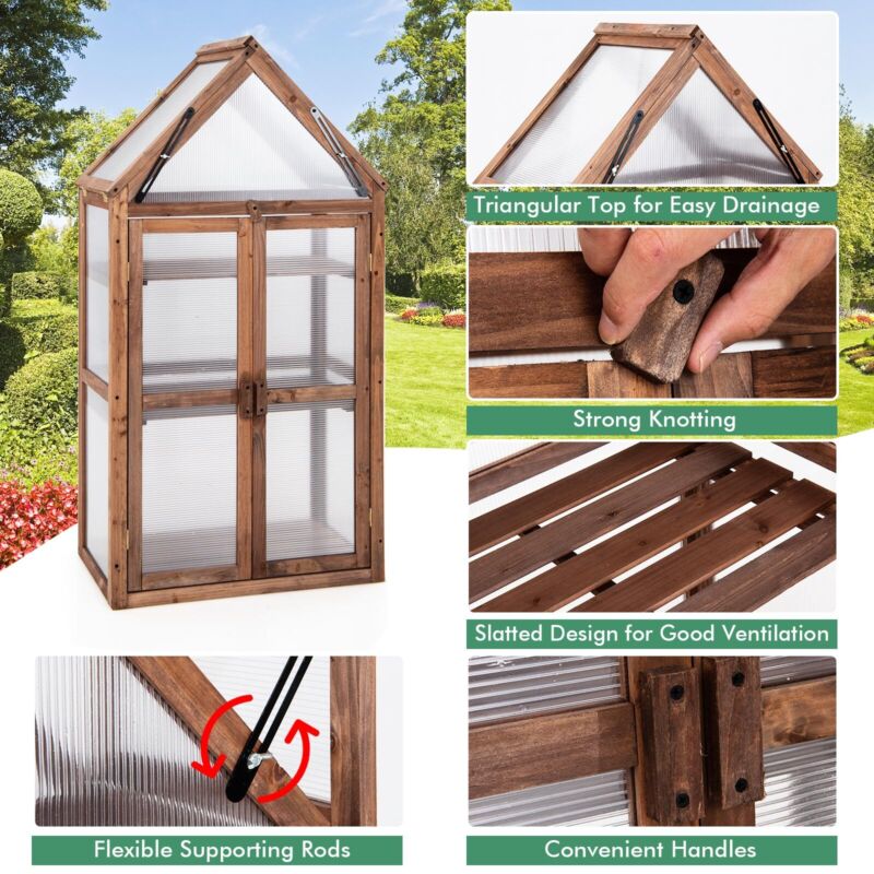 3-Tier Garden Cold Frame Portable Wooden Mini Greenhouse W/ Removable Shelves