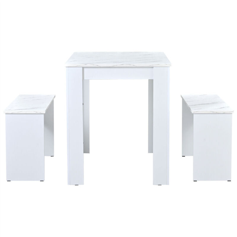 White Wooden Marble Look Breakfast Dining Table and Chairs Set of 2 Benches