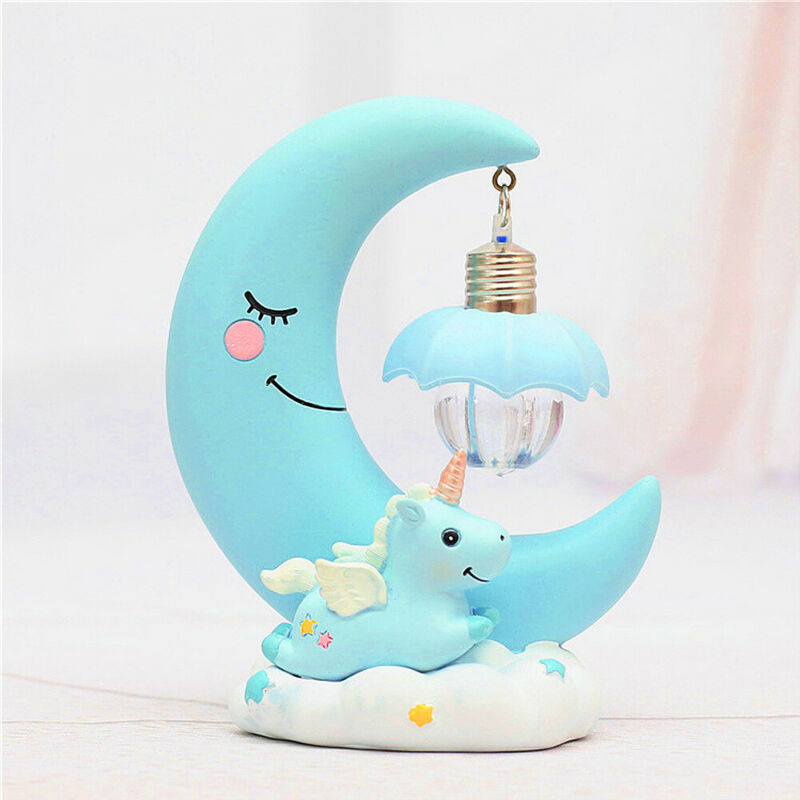 Resin Unicorn Moon LED Night Light Baby Children Nursery Room Bedside Lamp Gift