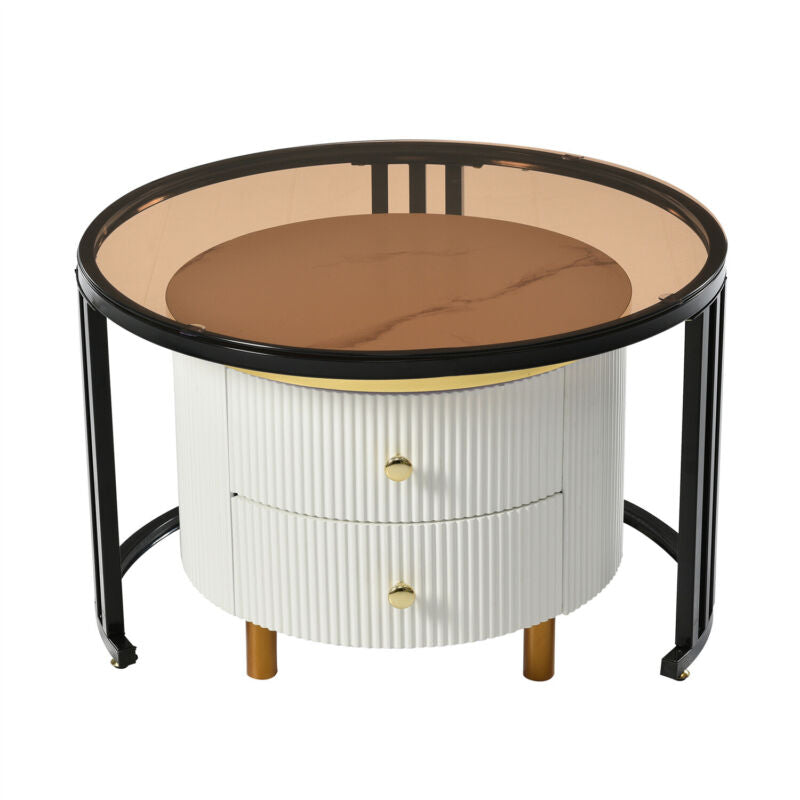 Nesting Coffee Tables Set of 2 Round Stacking Side Tables w/ Storage Drawers