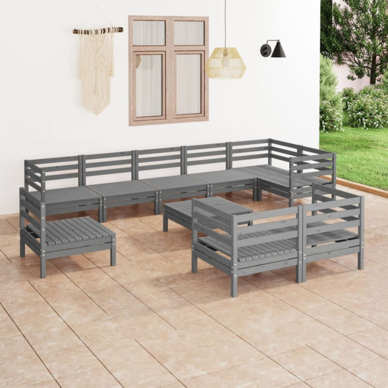 10 Piece Garden Set Solid Pinewood Grey J3H0