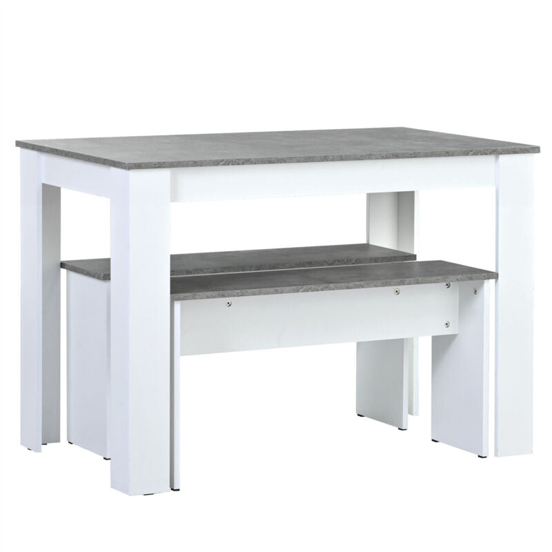 3Pcs Marble Look Dining Table and Chairs Set 2 Benches Kitchen Furniture MW