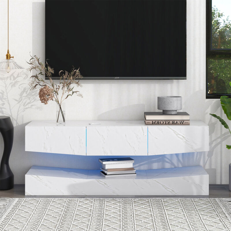 Modern Floating TV Wall Unit Cabinet TV Stand High Gloss White W/ RGB LED Lights