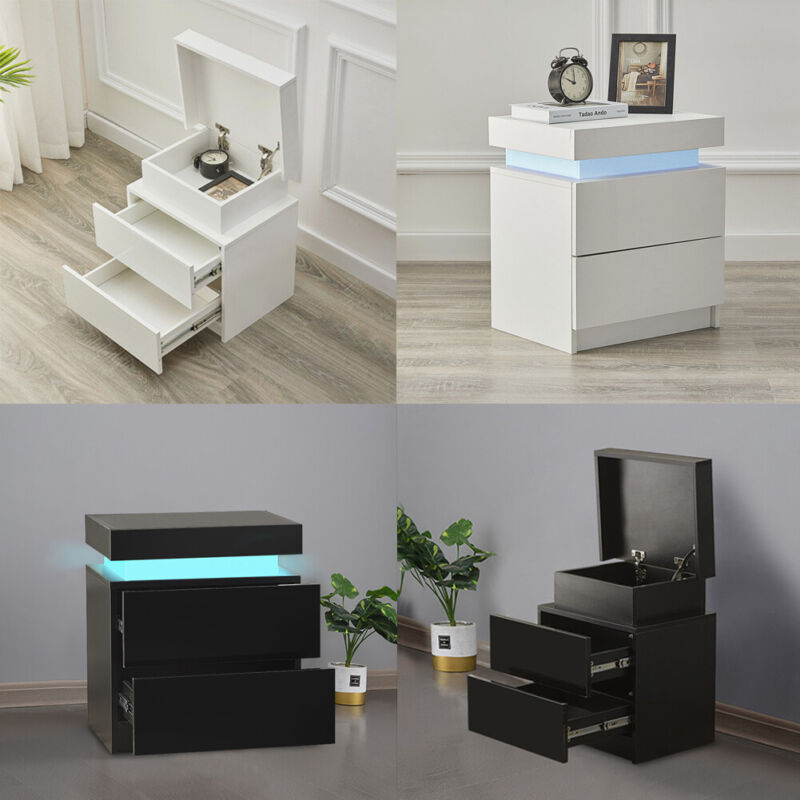 2/3 Drawers High Gloss Front Bedside Table Cabinet LED Nightstand Black/White