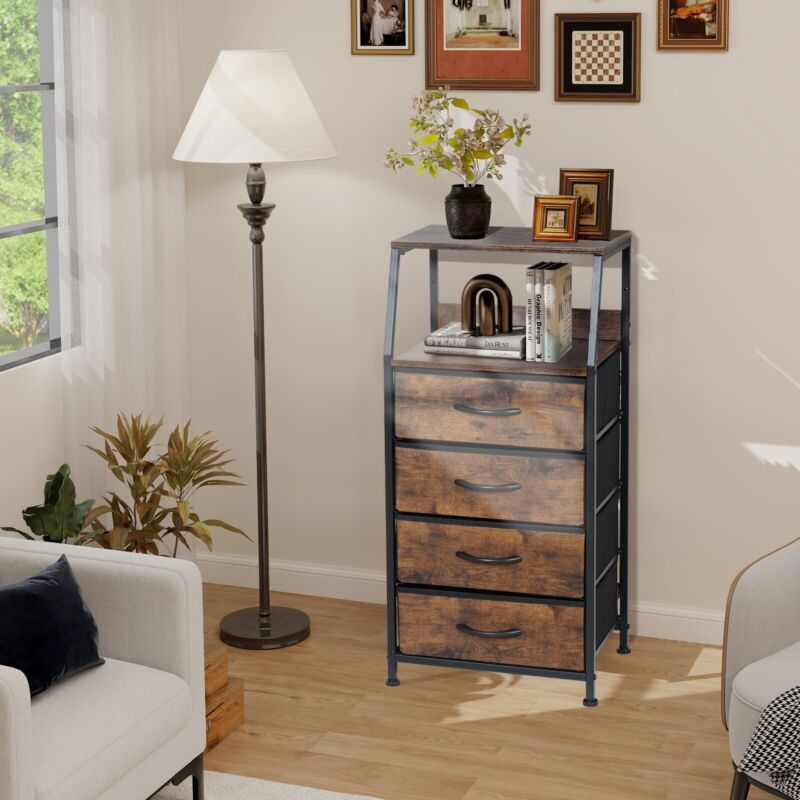 Fabric Chest of Drawers 4-Drawer Dresser Industrial Storage Cabinet with WoodTop