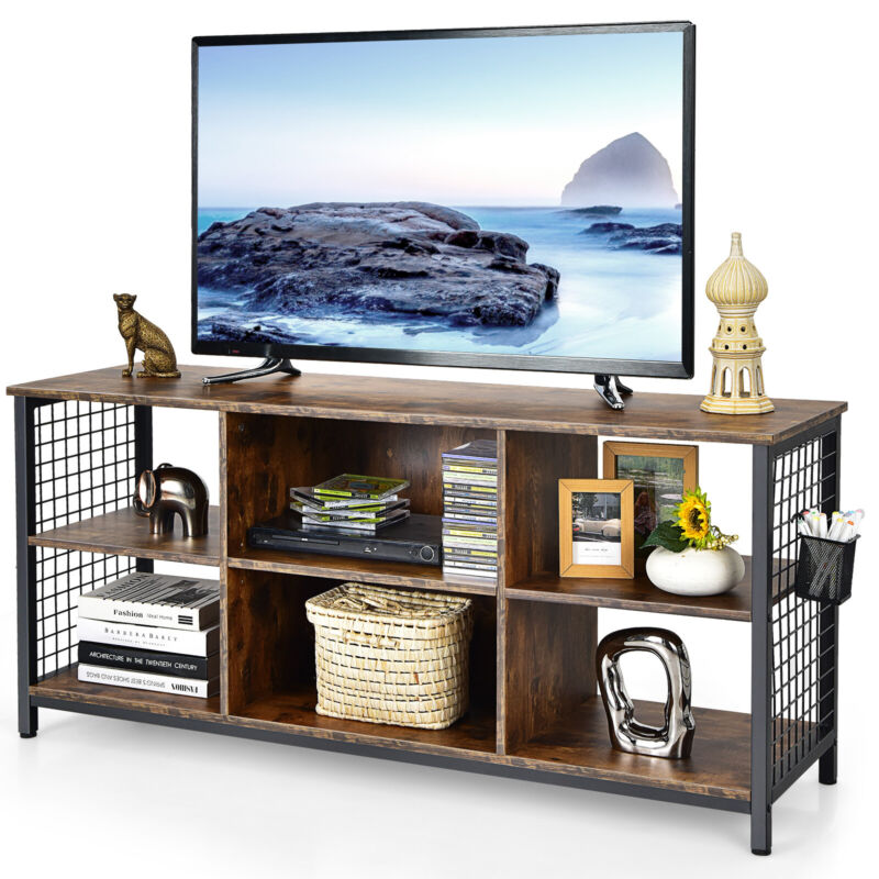Industrial TV Stand for TVs up to 65 Inches 3-Tier TV Cabinet w/ Storage Basket