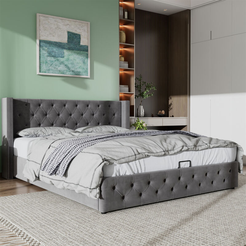 Ottoman Bed Frame Gas Lift Up Storage Bed King Size Grey Fabric Upholstered Bed