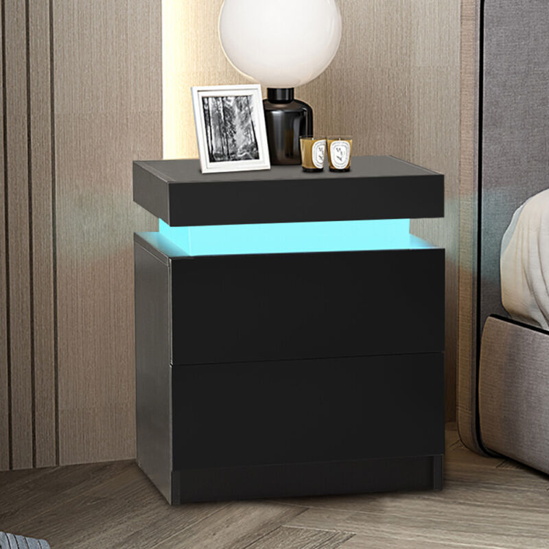 2/3 Drawers High Gloss Front Bedside Table Cabinet LED Nightstand Black/White