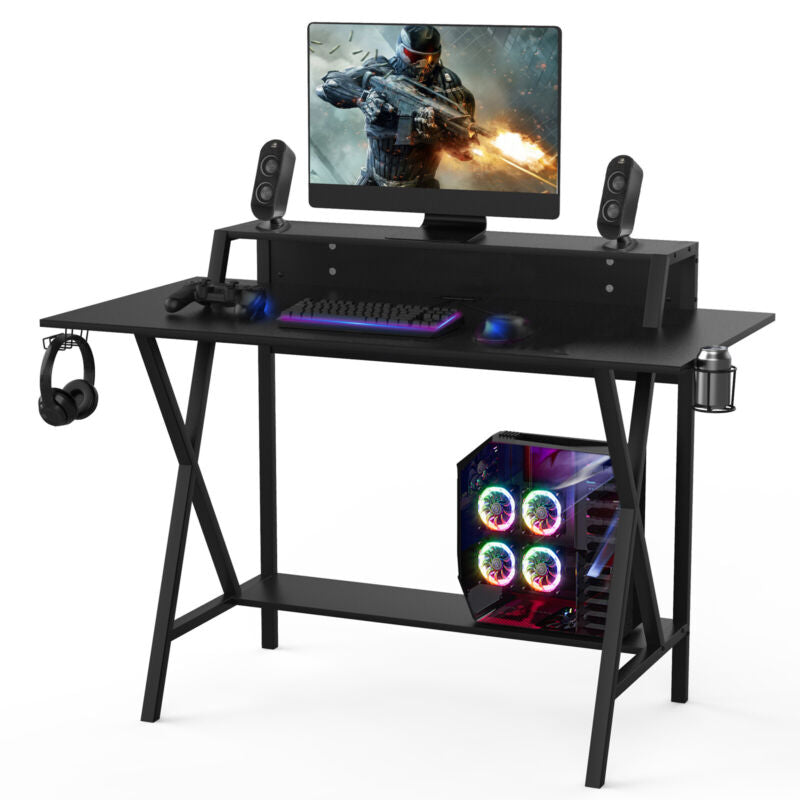 X- Shaped Gaming Computer Desk Ergonomic Workstation with Extra Monitor Riser