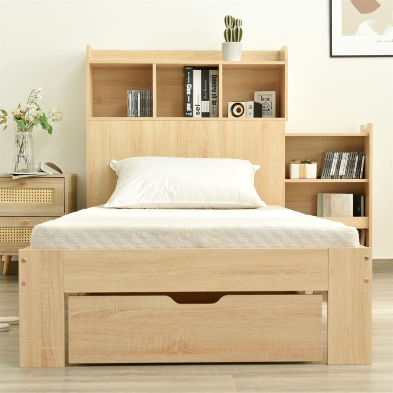 3ft Single Wooden Solid White Pine Kids Storage Bed Frame w/ Drawer and Shelves