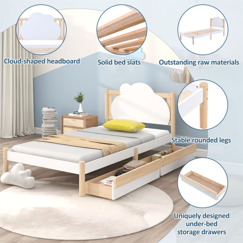 Wooden Bed Frame 3ft Single Size Kids Bed with 2 Storage Drawers Cloud Headboard