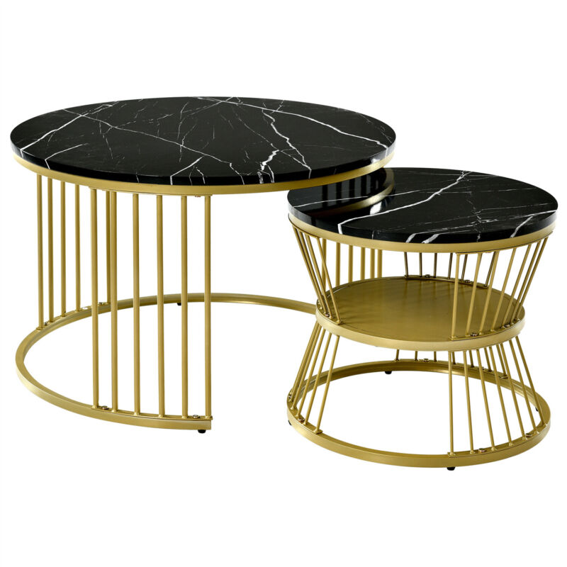 Round Nesting Coffee Table Set of 2 Marble Effect Side End Table Living Room MR