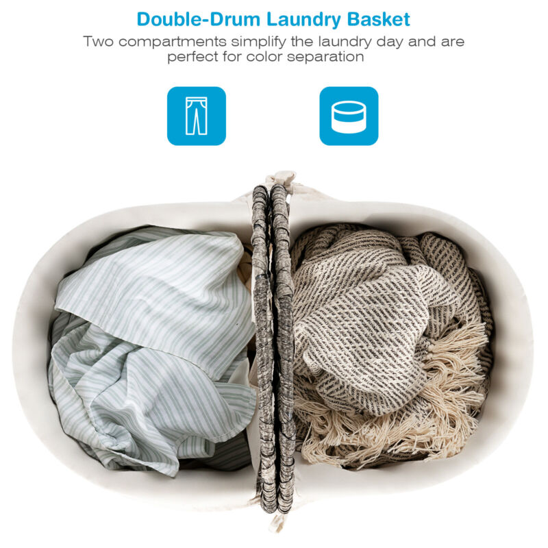 102L Handwoven Laundry Basket Divided Washing Clothes Hamper W/ Removable Liner