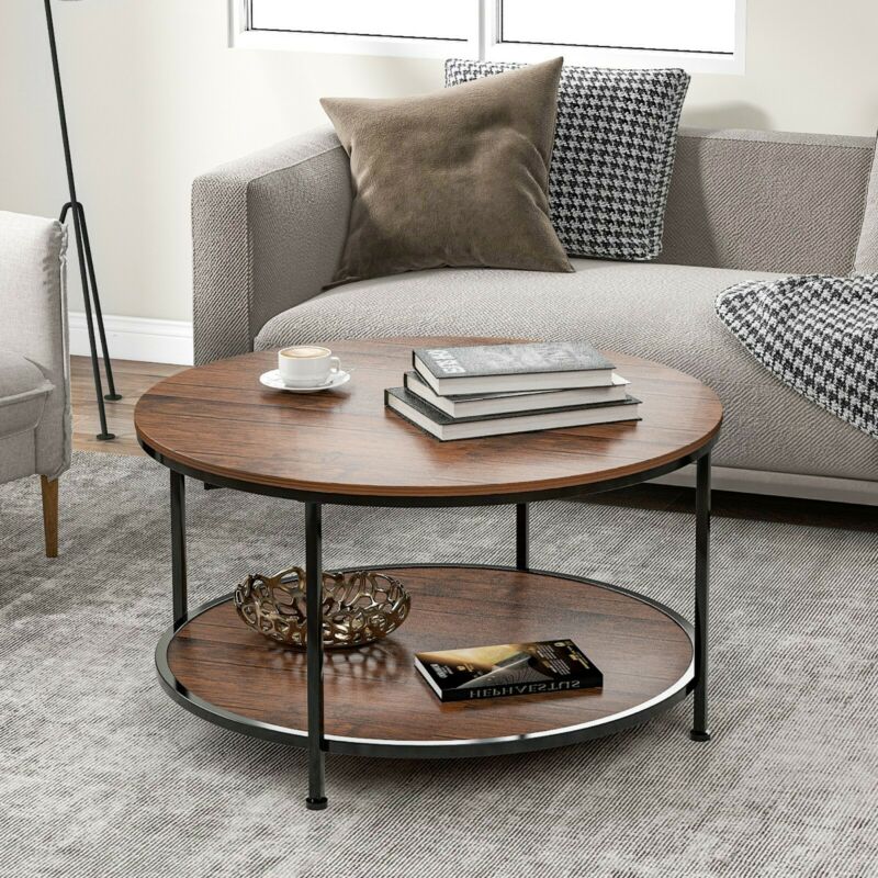Round Coffee Table Sofa Table Cocktail Table with Storage Shelf for Living Room