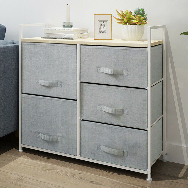 Fabric Bedside Cabinet Metal Frame Storage Unit Chest Of 5 Drawer with Drawers