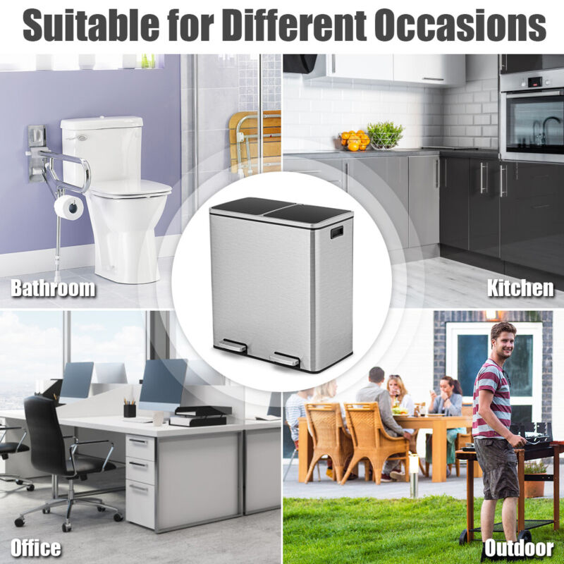 2x30L Recycle Pedal Bin Dual Trash Can w/Carry Handles Soft Closure Stainless