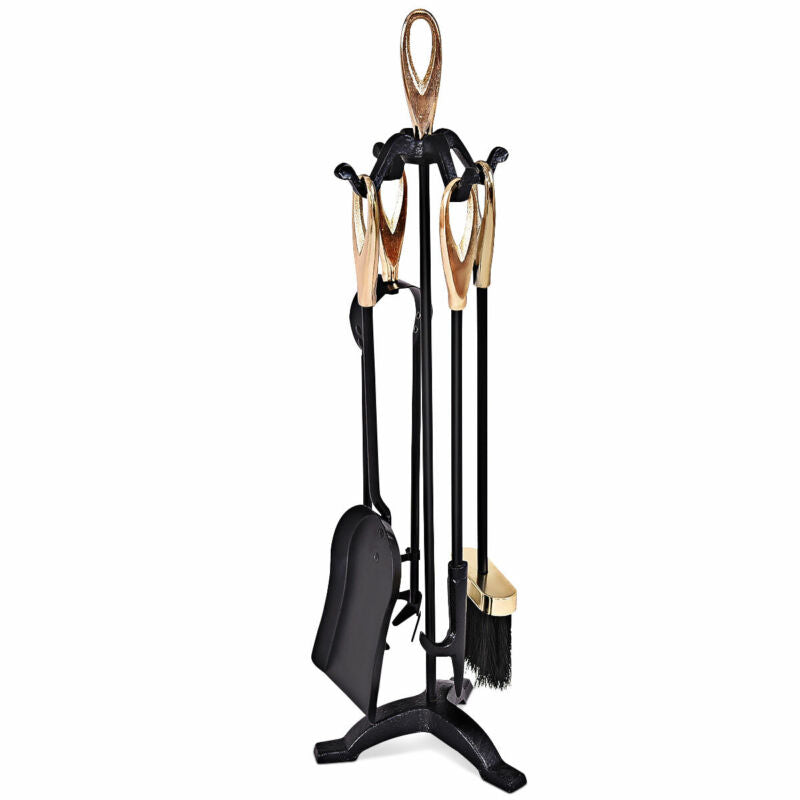 5PCS Fireplace Tools Set Cast Iron Fireside Companion Brush Shovel Poker Tong