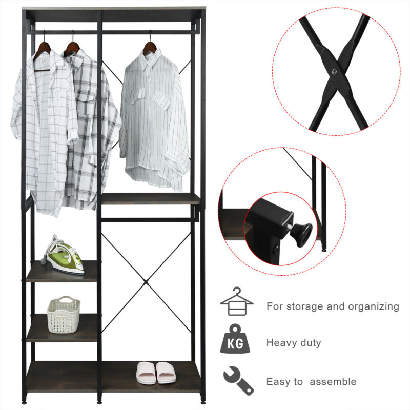 Clothes Rail w/ 4 Tiers Storage Shelves Garment Dress Hanging Display Stand Rack