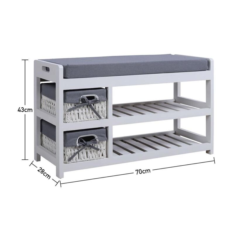 Hallway Shoe Storage Bench Entrance Ottoman Pouffe Stool with 2 Wicket Baskets