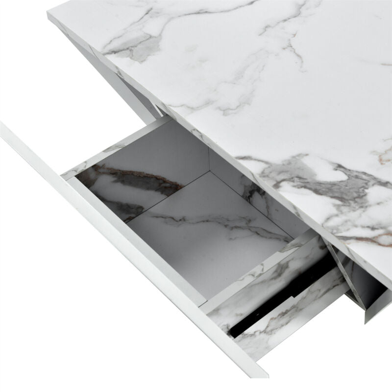 Wooden Coffee Table with Storage Drawer Marble-Look Modern Living Room Furniture