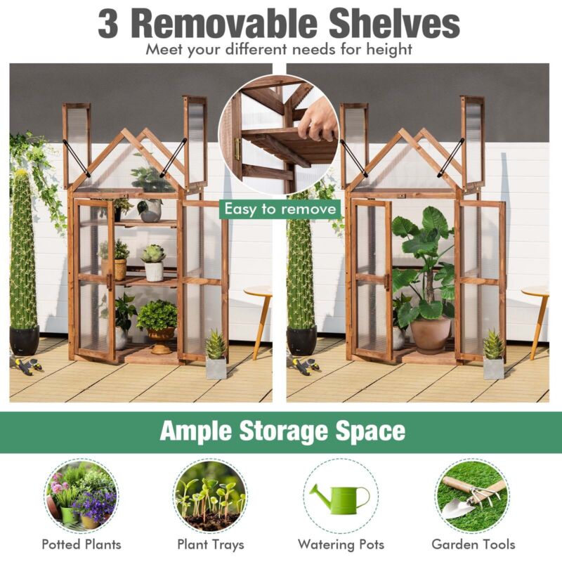 3-Tier Garden Cold Frame Portable Wooden Mini Greenhouse W/ Removable Shelves