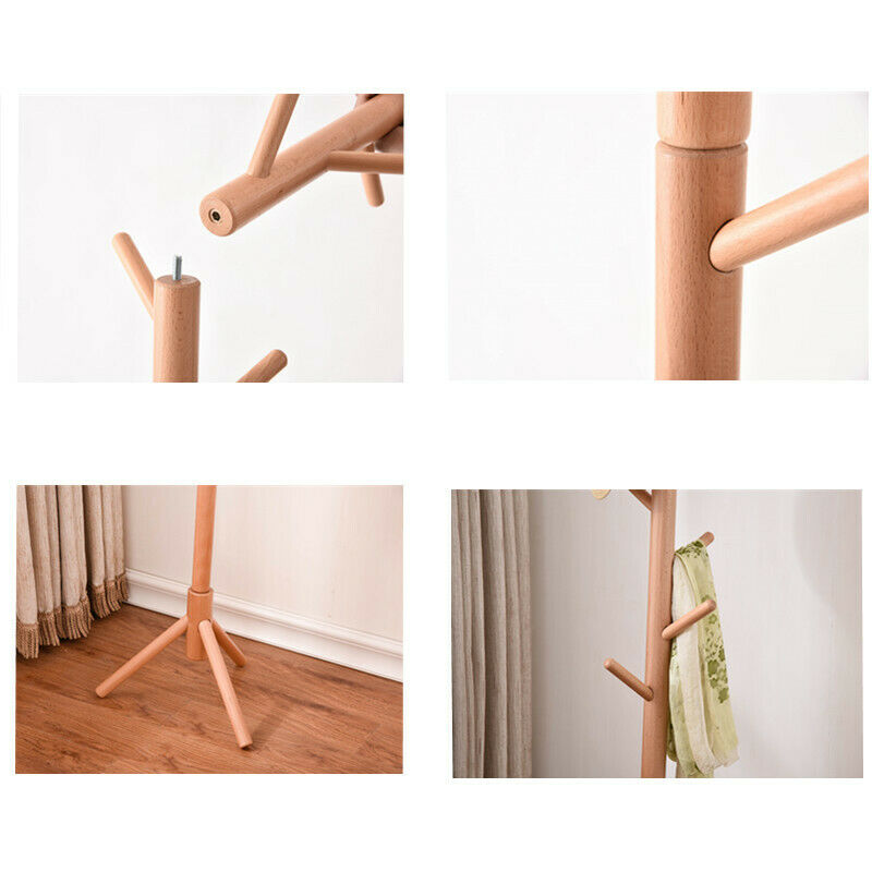 Beech Wooden Standing Coat Rack 8 Hooks Wood Tree Stand Coat Hat Handbag Rack