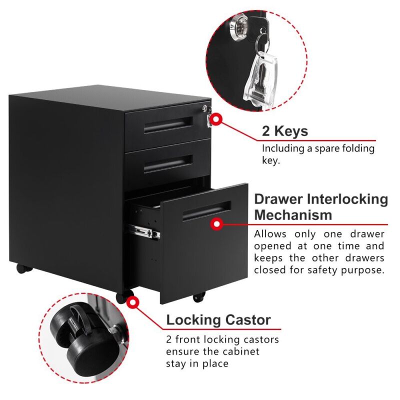 3 Drawer Modern Steel Drawers Filing Cabinet w/ 5 Wheels Lock Pencil Box Black