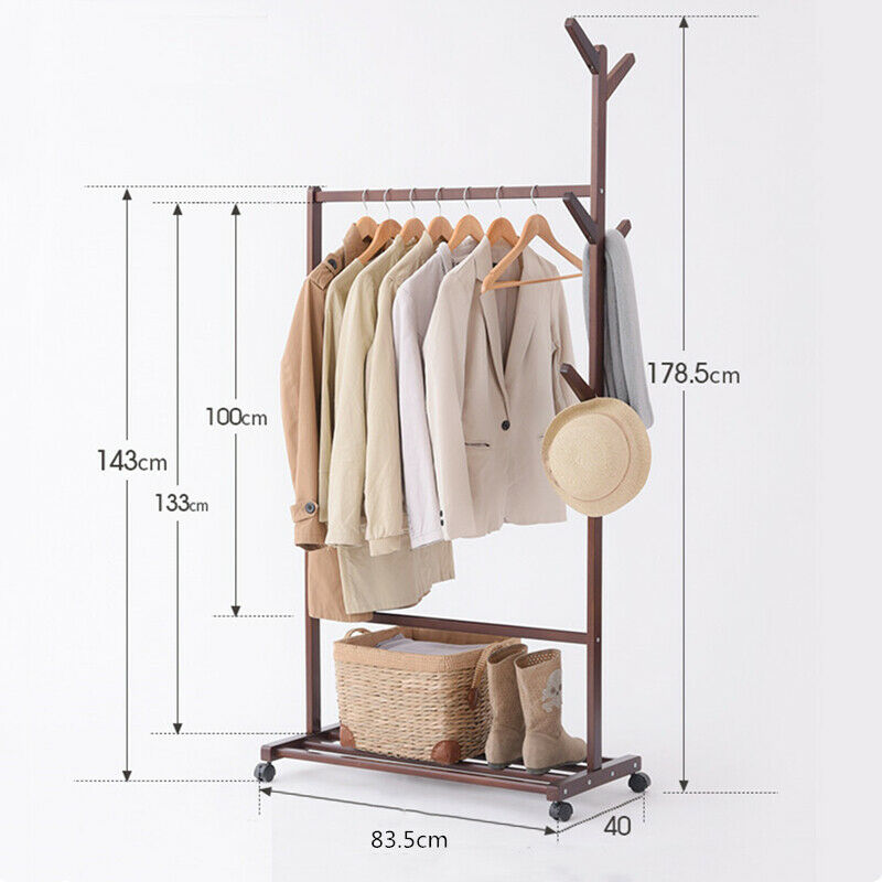 Wooden Clothes Rail Rack Garment Hanging Display Coat Storage Shelf Stand Wheels