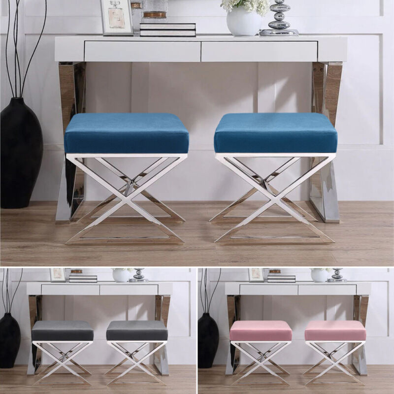 silver dressing table chair Footstool Silver Velvet Dressing Table Chair Elegant Grey Velvet Low Back  Dressing Table Stool With Natural