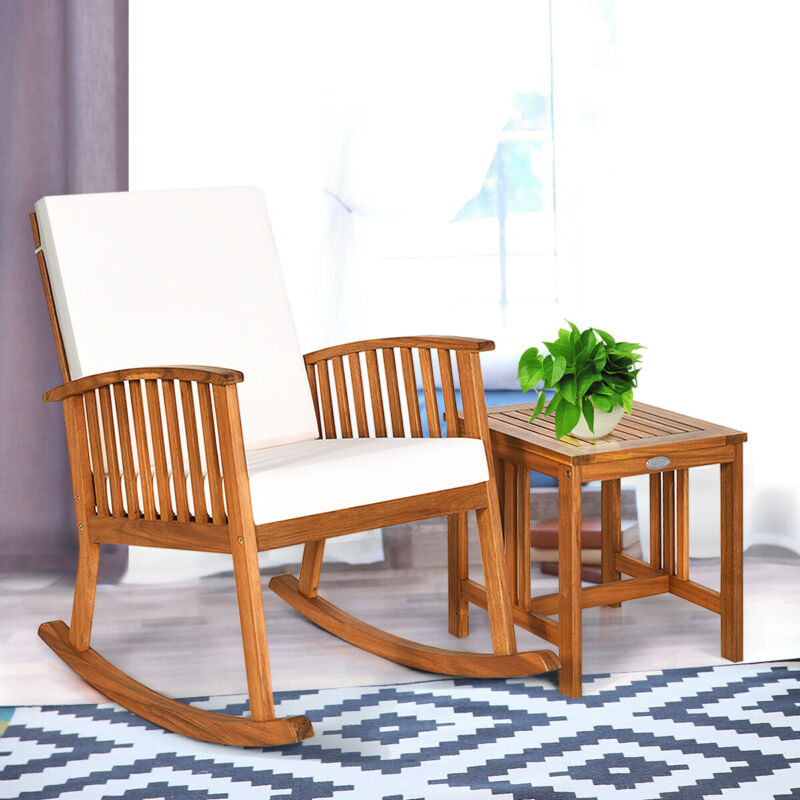 Patio Wooden Rocking Armchair Bistro Seat Home Garden Furniture Set w/ Table