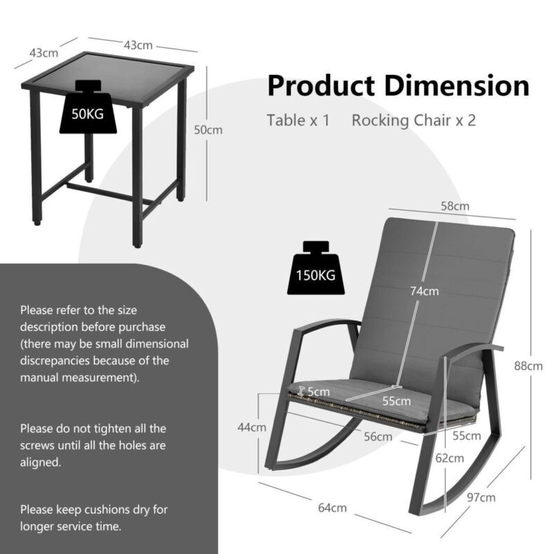 3PCS Outdoor Rattan Rocking Bistro Set Garden Patio Wicker Table & Chair Set
