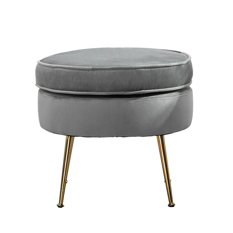 Modern Grey Velvet Footstool Ottoman Stool Round Metal Legs Living Room Office